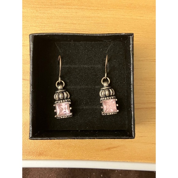 Vintage Style Pink Crystal Crown Drop Earrings Antiqued Silver Tone Fishhook - Picture 4 of 4